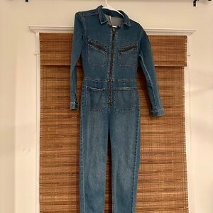 Free People Blue Denim Zip Front Utility Jumpsuit Size S